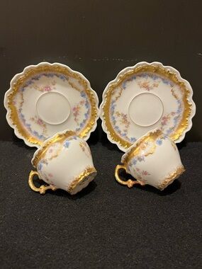 Vintage Limoges Floral Demitasse Cups & Saucers with Gold Trim